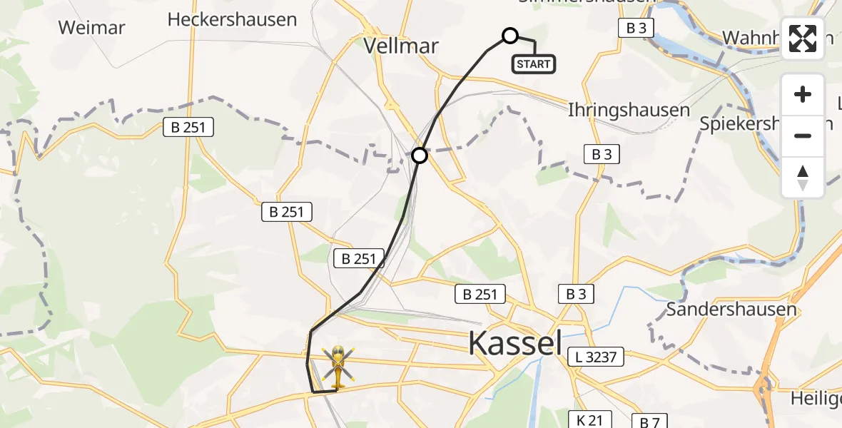 Flugroute Rettungshubschrauber Fuldatal Bundespolizei Hubschrauberlandeplatz - Kassel, 30 Juni 2026, 05:06