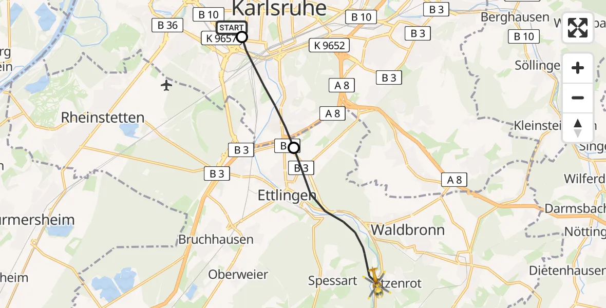 Flugroute Ambulanzhubschrauber Sankt Vincentius Hospital - Waldbronn, 30 Juni 2026, 05:14
