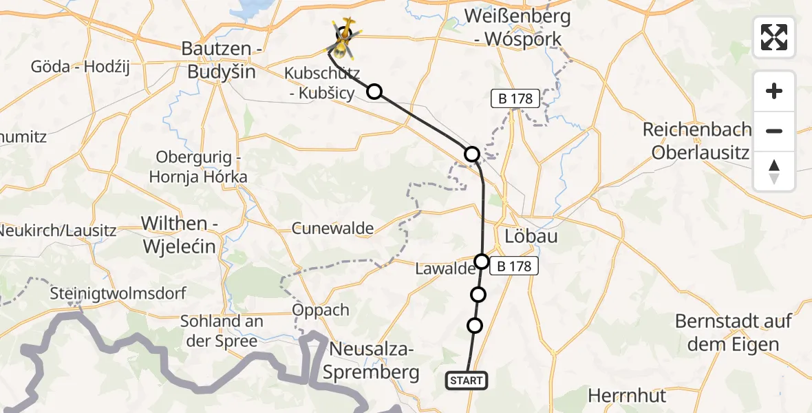 Flugroute Rettungshubschrauber Kottmar - Bautzen Flugplatz, 30 Juni 2026, 05:33