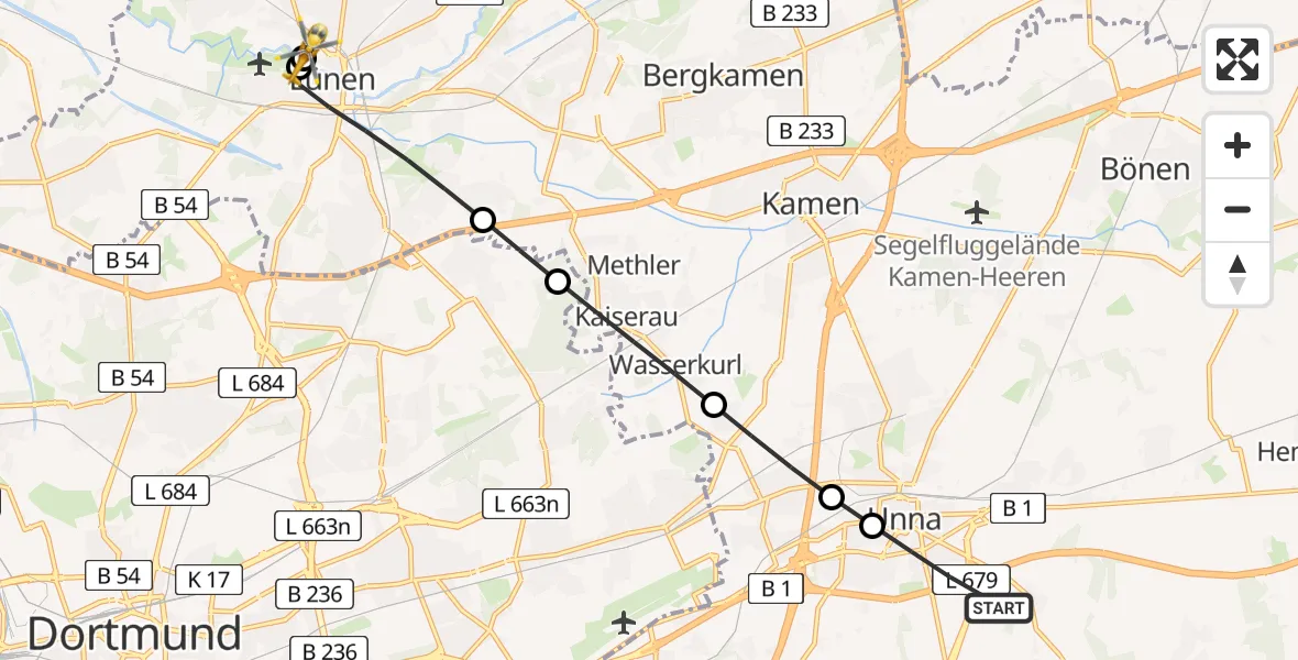 Flugroute Rettungshubschrauber Unna - Sankt Marien Hospital, 30 Juni 2026, 05:39