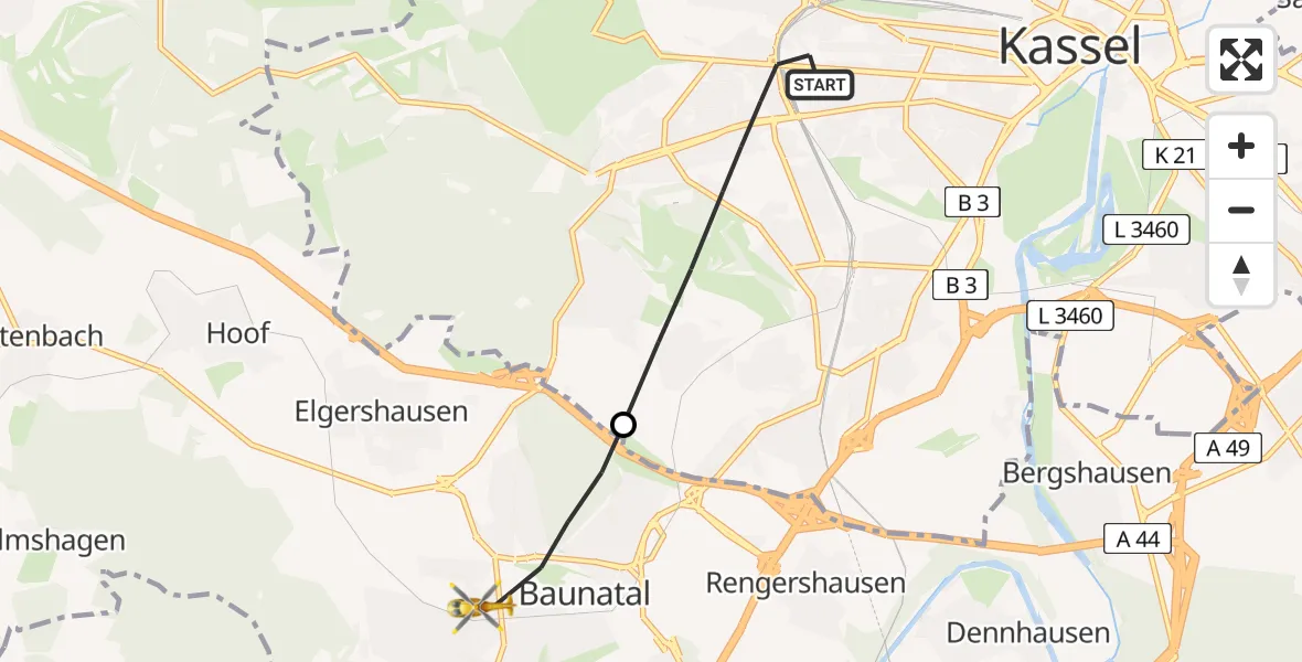 Flugroute Rettungshubschrauber Kassel - Baunatal, 30 Juni 2026, 05:40