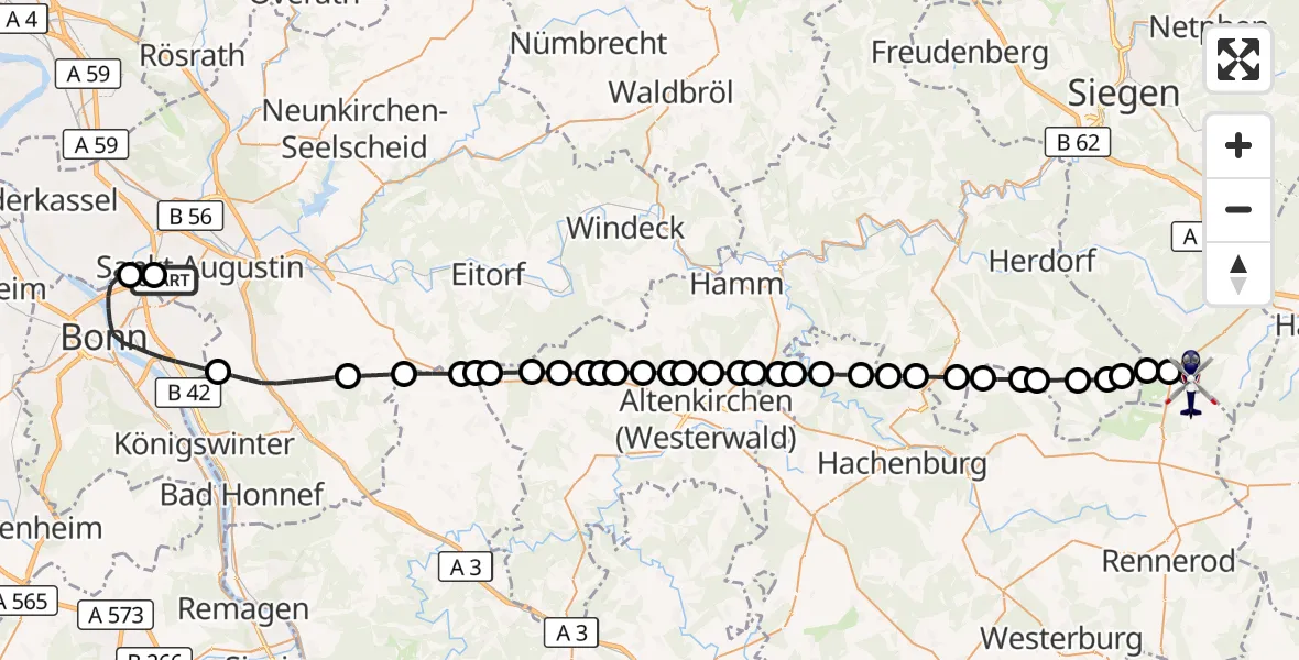 Flugroute Polizeihubschrauber Bonn-Hangelar Flugplatz - Siegerland Flughafen, 30 Juni 2026, 05:43