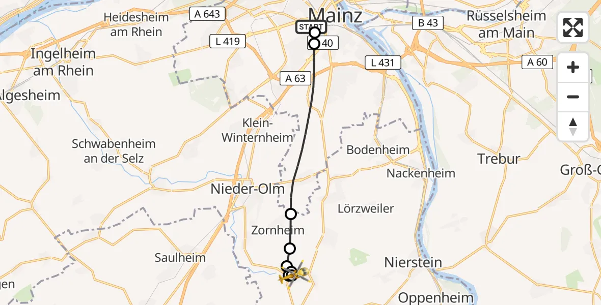 Flugroute Rettungshubschrauber Mainz University Hospital - Selzen, 30 Juni 2026, 05:48