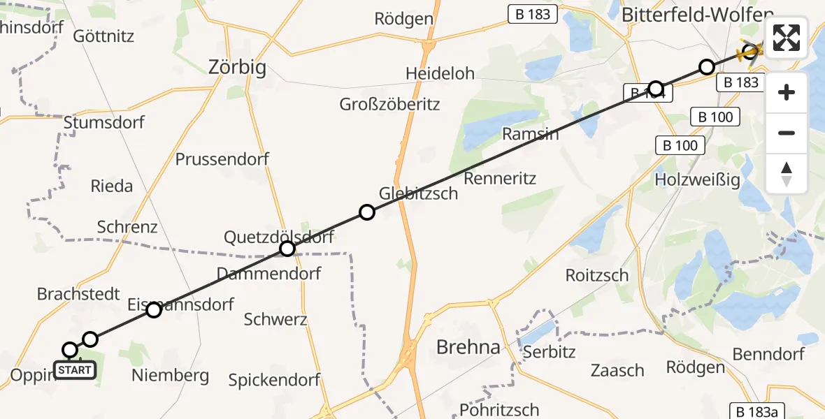 Flugroute Rettungshubschrauber Halle-Oppin Flugplatz - Bitterfield-Wolfen Health Center Hubschrauberlandeplatz, 30 Juni 2026, 05:50