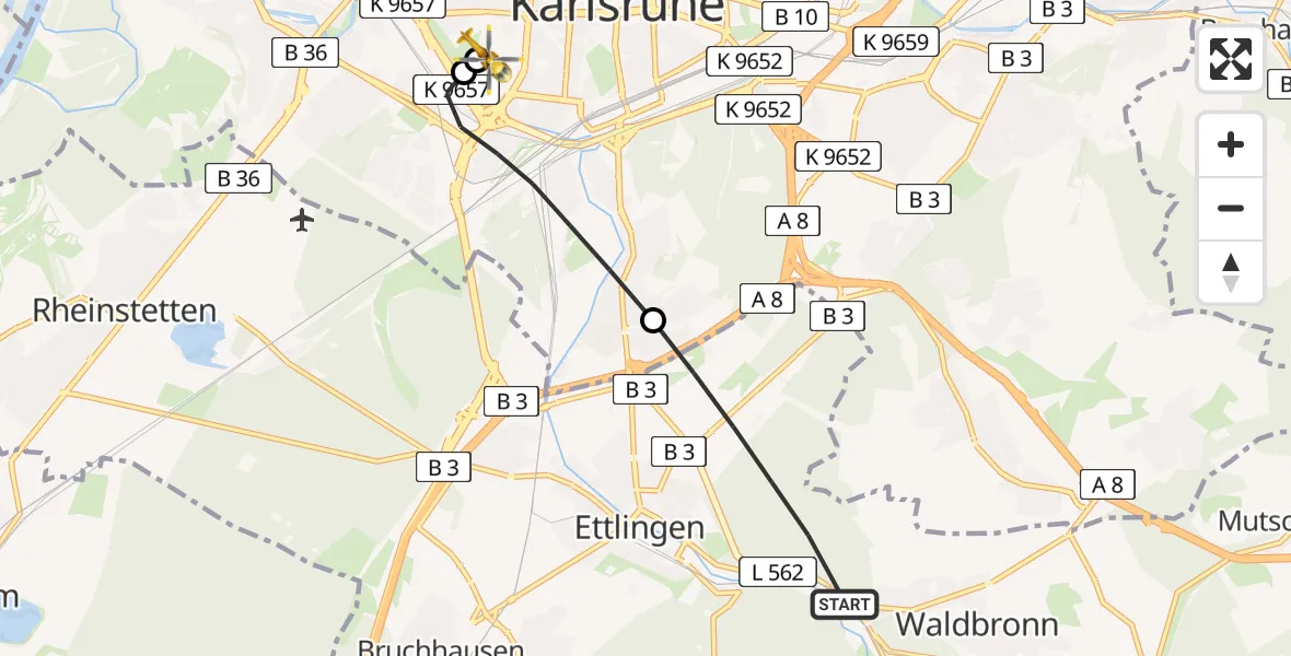 Flugroute Ambulanzhubschrauber Ettlingen - Sankt Vincentius Hospital, 30 Juni 2026, 05:58
