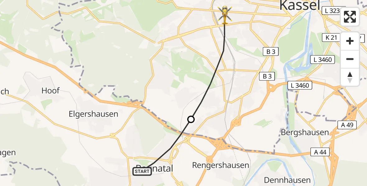 Flugroute Rettungshubschrauber Baunatal - Kassel, 30 Juni 2026, 06:14