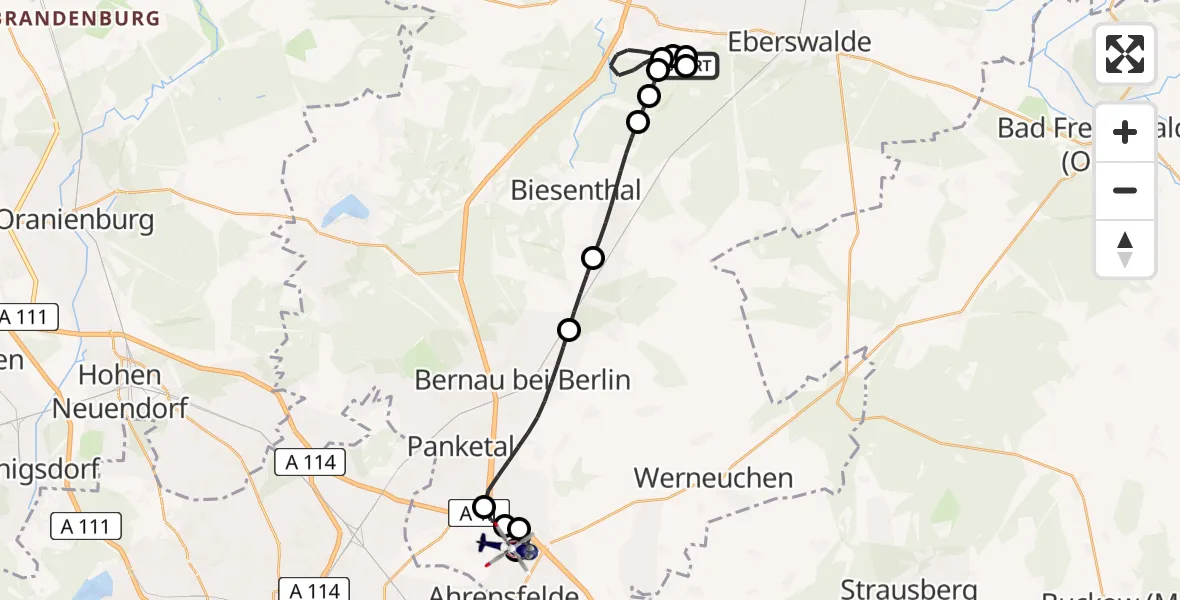 Flugroute Polizeihubschrauber Schorfheide - Ahrensfelde Hubschrauberlandeplatz, 30 Juni 2026, 06:21
