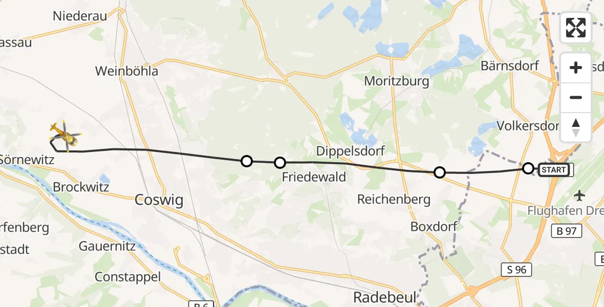 Flugroute Rettungshubschrauber Dresden Flughafen - Coswig, 30 Juni 2026, 06:26