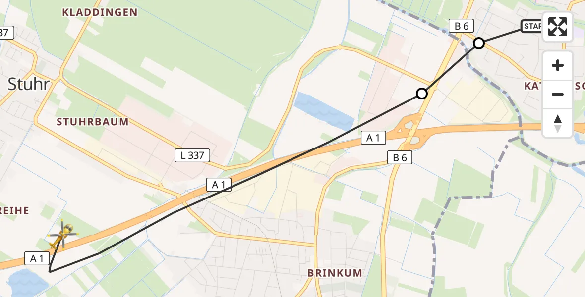 Flugroute Rettungshubschrauber ADAC Air Rescue Station Bremen Hubschrauberlandeplatz (Christoph 6) - Stuhr, 30 Juni 2026, 06:27