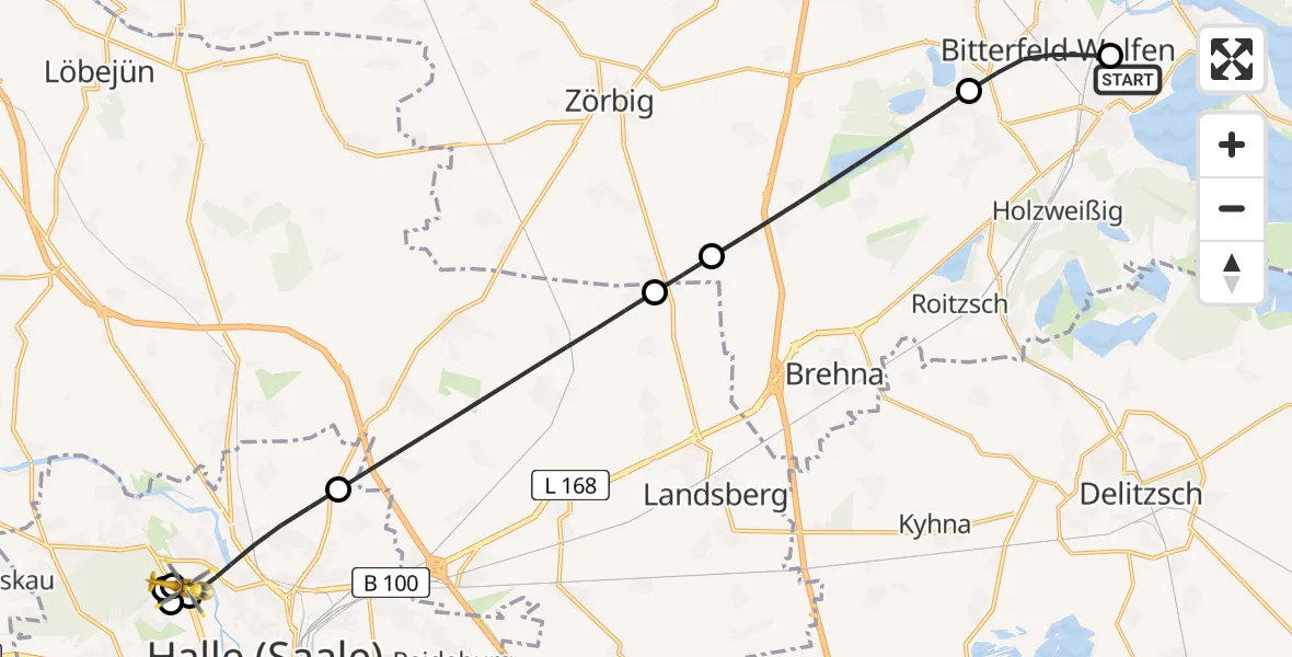 Flugroute Rettungshubschrauber Bitterfield-Wolfen Health Center Hubschrauberlandeplatz - Halle (Saale) University Hospital, 30 Juni 2026, 06:29
