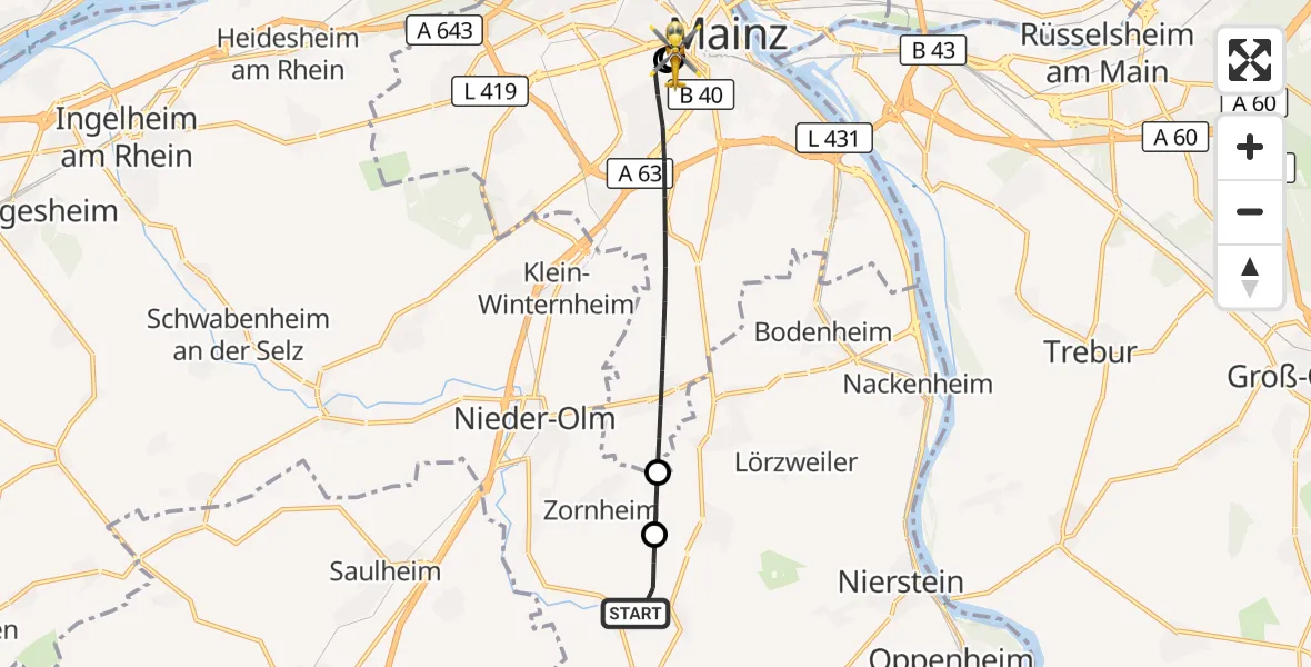 Flugroute Rettungshubschrauber Selzen - Mainz University Hospital, 30 Juni 2026, 06:29