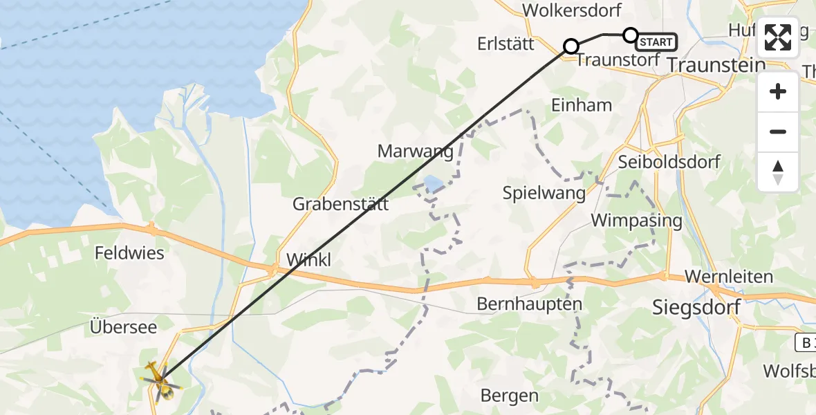 Flugroute Rettungshubschrauber Traunstein Hospital - Übersee, 30 Juni 2026, 06:29