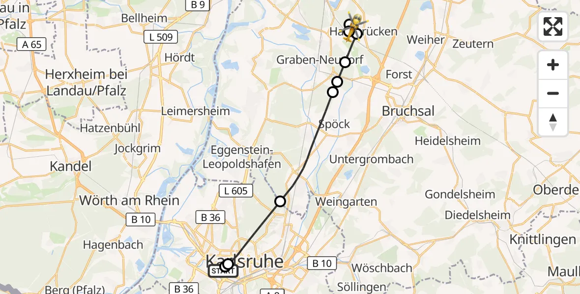 Flugroute Ambulanzhubschrauber Sankt Vincentius Hospital - Hambrücken, 30 Juni 2026, 06:30
