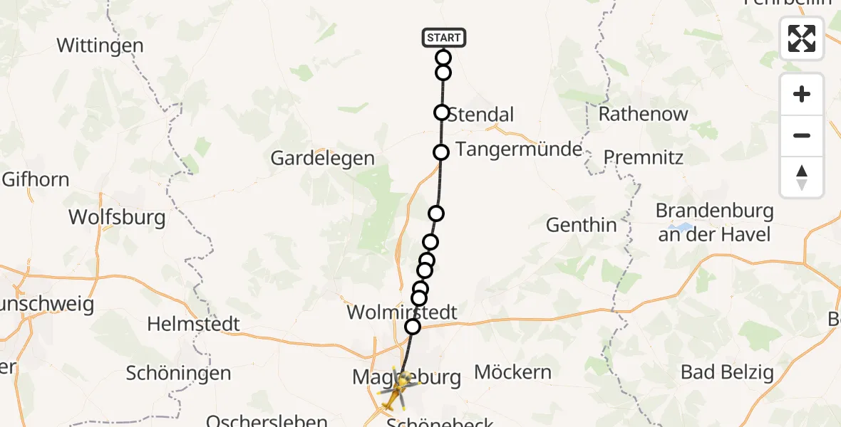 Flugroute Rettungshubschrauber Osterburg (Altmark) - Magdeburg, 30 Juni 2026, 06:40