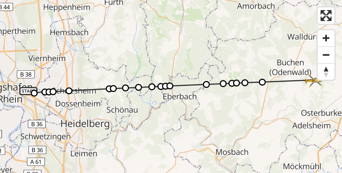 Flugroute Rettungshubschrauber Mannheim-City Flughafen - Buchen (Odenwald), 30 Juni 2026, 06:40