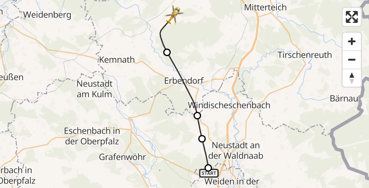Flugroute Rettungshubschrauber Weiden i.d.OPf. - Pullenreuth, 30 Juni 2026, 06:41
