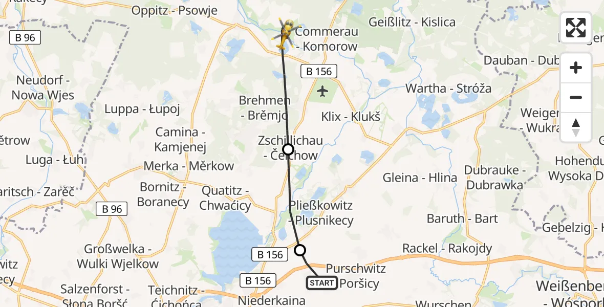 Flugroute Rettungshubschrauber Kubschütz - Großdubrau, 30 Juni 2026, 06:54