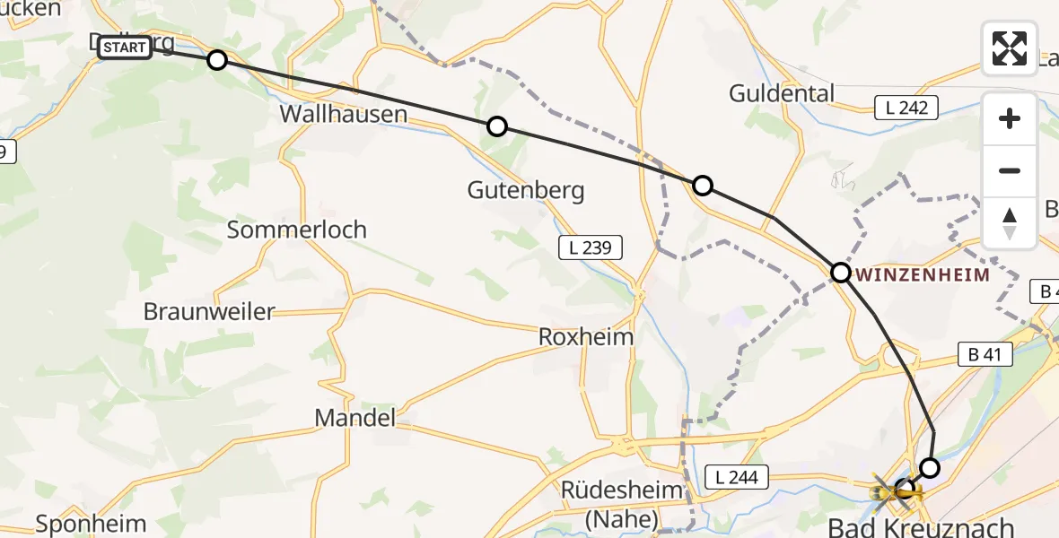 Flugroute Rettungshubschrauber Dalberg - Sankt Marienworth Hospital, 30 Juni 2026, 06:54