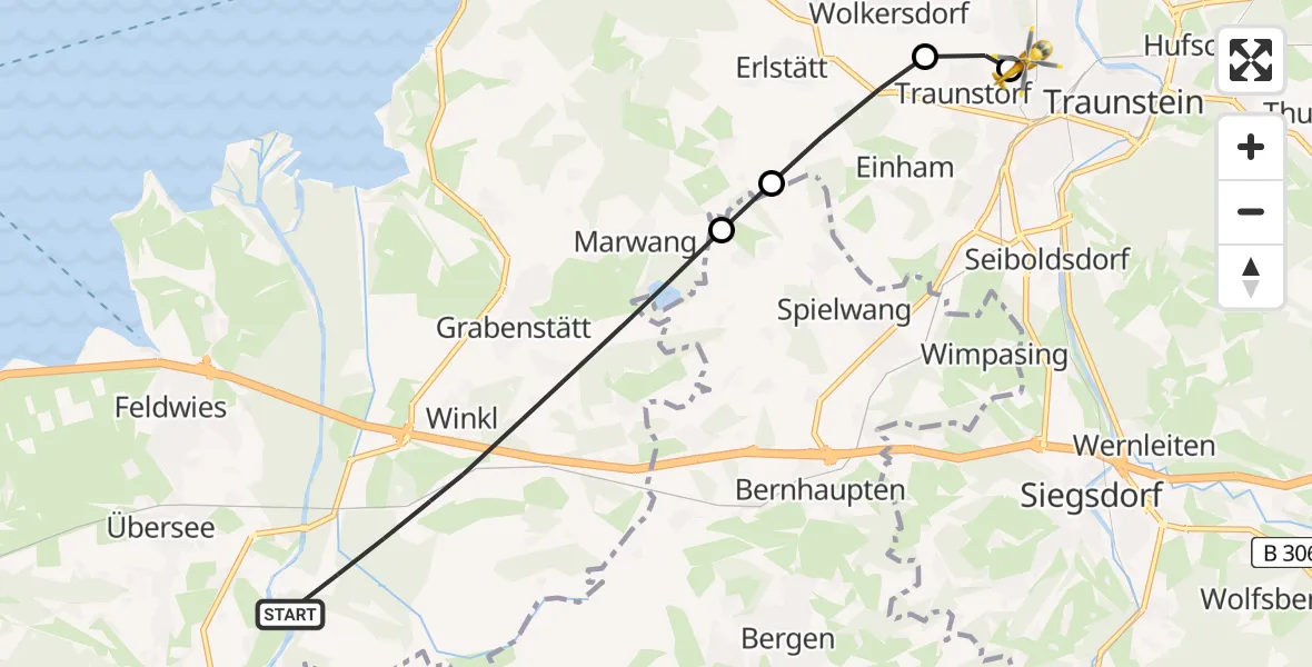 Flugroute Rettungshubschrauber Grabenstätt - Traunstein Hospital, 30 Juni 2026, 06:57