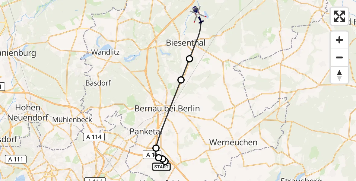 Flugroute Polizeihubschrauber Ahrensfelde Hubschrauberlandeplatz - Biesenthal, 30 Juni 2026, 07:03