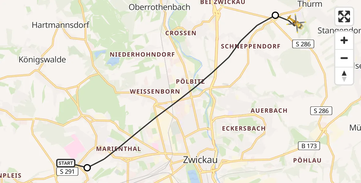 Flugroute Rettungshubschrauber ADAC Air Rescue Station Zwickau Hubschrauberlandeplatz - Mülsen, 30 Juni 2026, 07:10