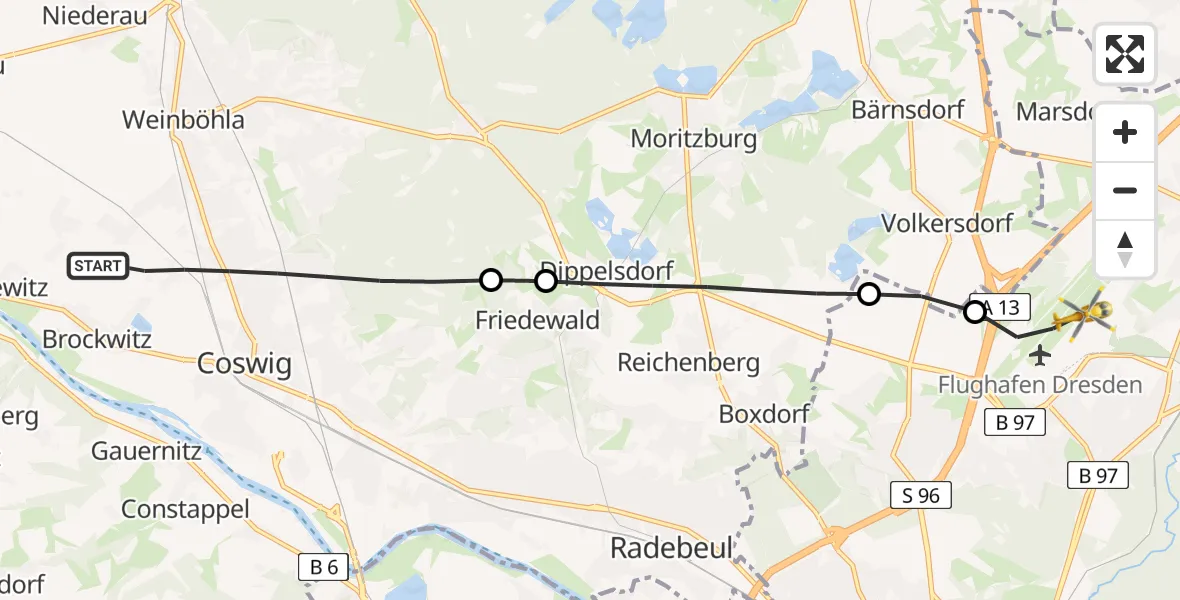 Flugroute Rettungshubschrauber Coswig - Dresden Bundespolizei Hubschrauberlandeplatz, 30 Juni 2026, 07:15
