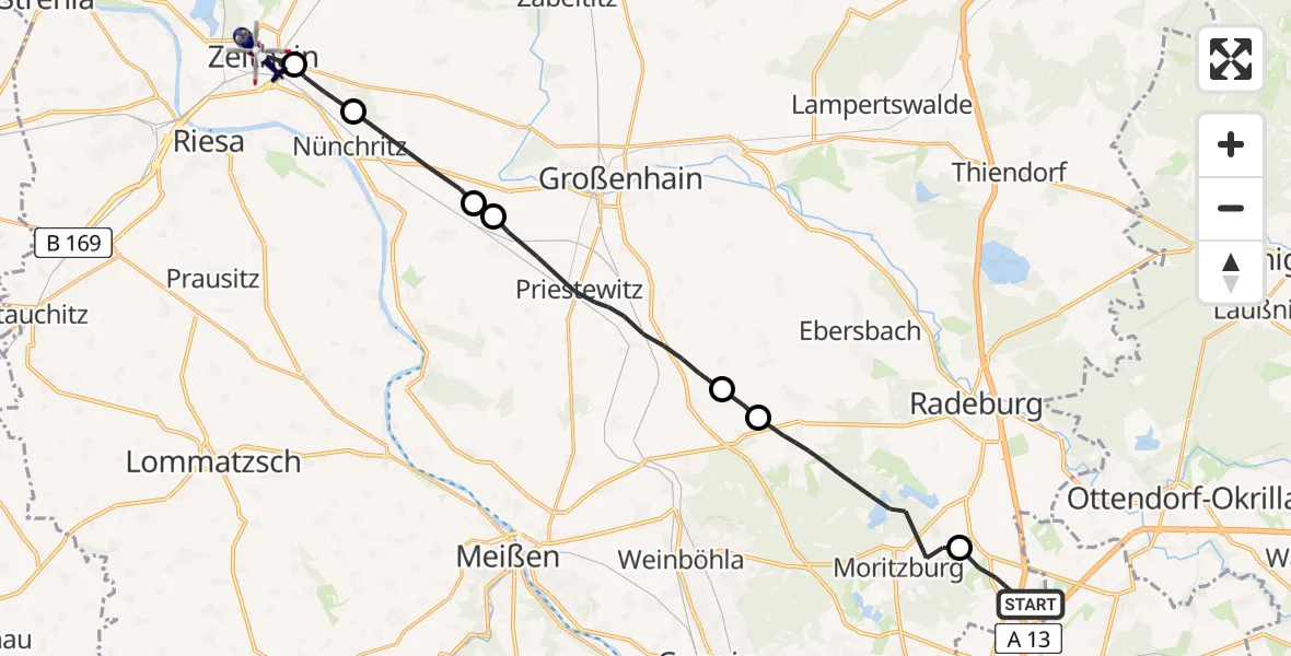 Flugroute Polizeihubschrauber Radeburg - Zeithain, 30 Juni 2026, 07:18
