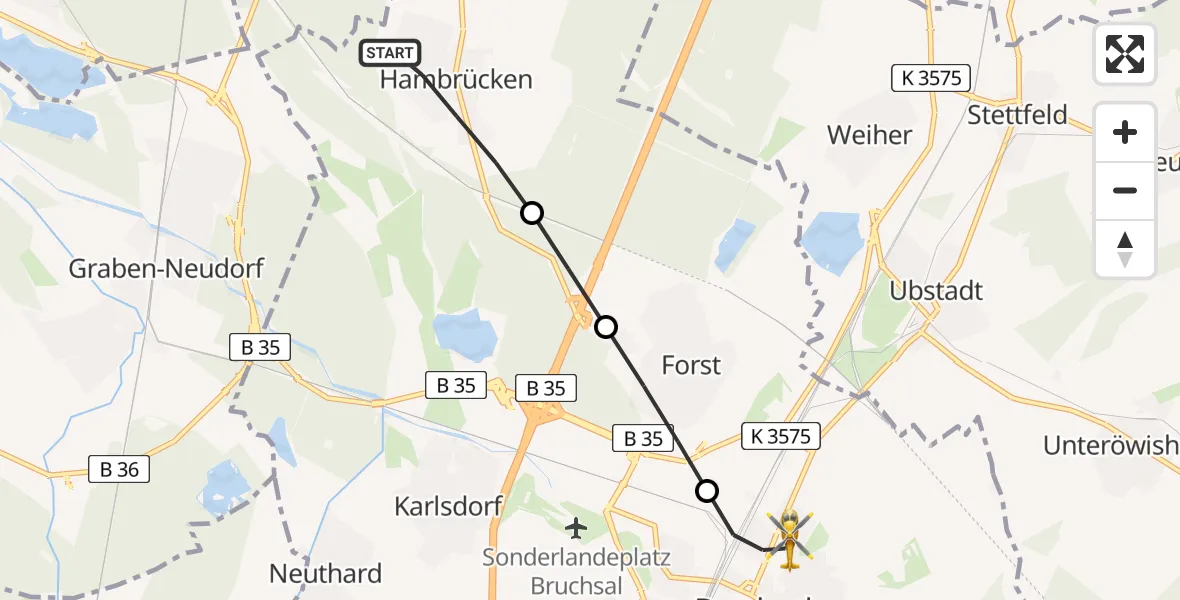Flugroute Ambulanzhubschrauber Hambrücken - Bruchsal, 30 Juni 2026, 07:19