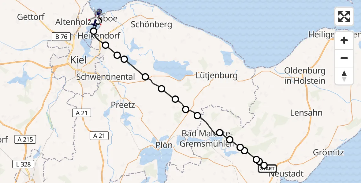 Flugroute Polizeihubschrauber Altenkrempe - Kiel, 30 Juni 2026, 07:18