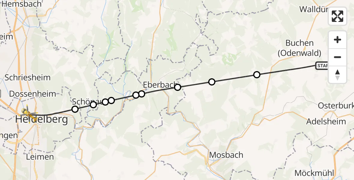 Flugroute Rettungshubschrauber Buchen (Odenwald) - Heidelberg, 30 Juni 2026, 07:19
