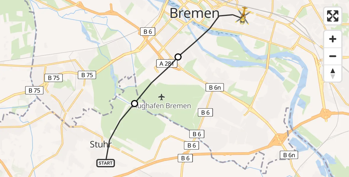 Flugroute Rettungshubschrauber Stuhr - Bremen, 30 Juni 2026, 07:19