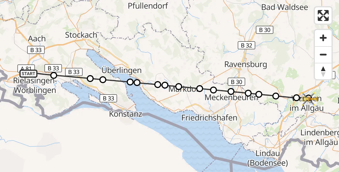 Flugroute Rettungshubschrauber Singen (Hohentwiel) - Westallgäu Clinic Wangen Hubschrauberlandeplatz, 30 Juni 2026, 07:23