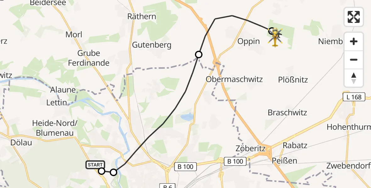 Flugroute Rettungshubschrauber Halle (Saale) University Hospital - Halle-Oppin Flugplatz, 30 Juni 2026, 07:25