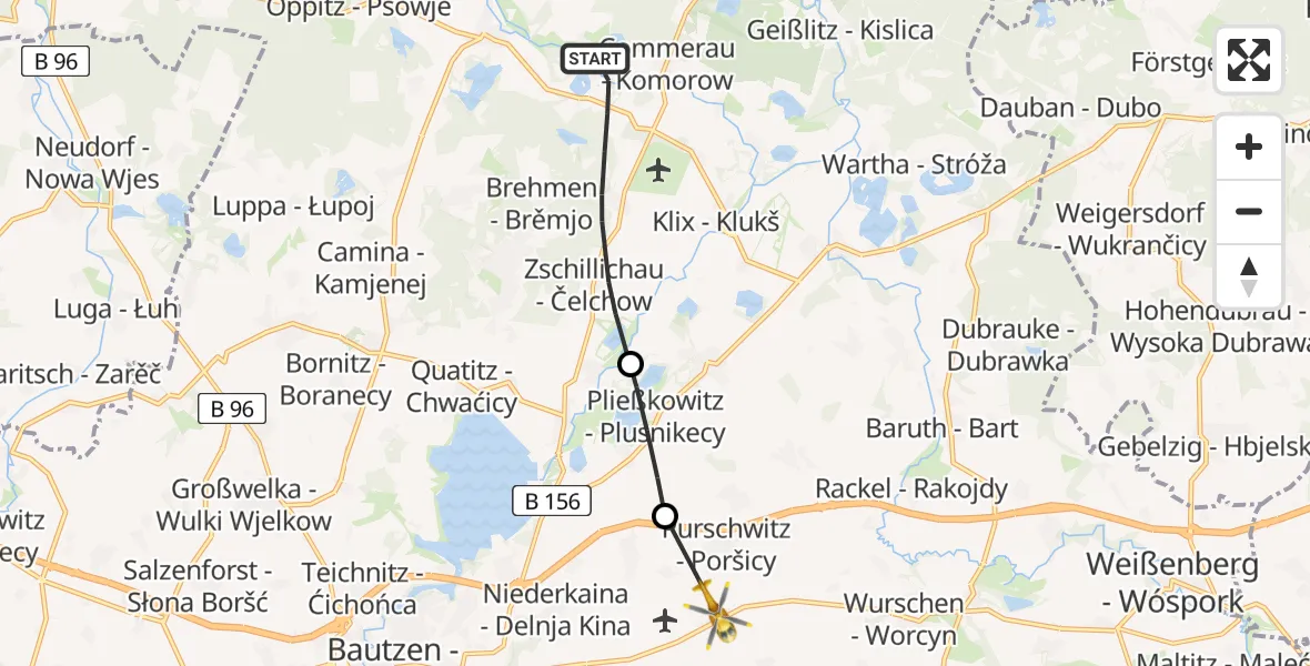 Flugroute Rettungshubschrauber Großdubrau - Bautzen Flugplatz, 30 Juni 2026, 07:34