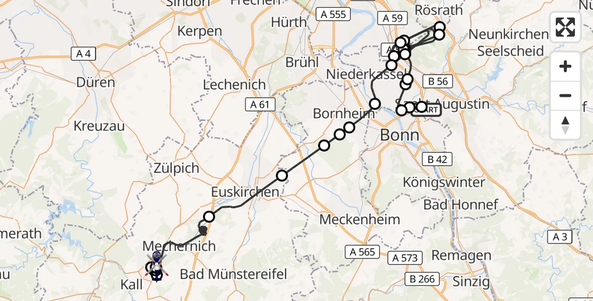 Flugroute Polizeihubschrauber Bonn-Hangelar Flugplatz - Mechernich, 30 Juni 2026, 07:35