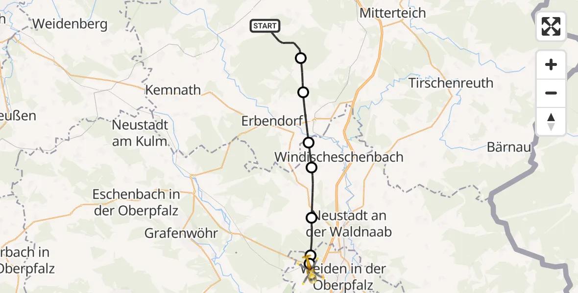 Flugroute Rettungshubschrauber Waldershof - Weiden i.d.OPf., 30 Juni 2026, 07:37