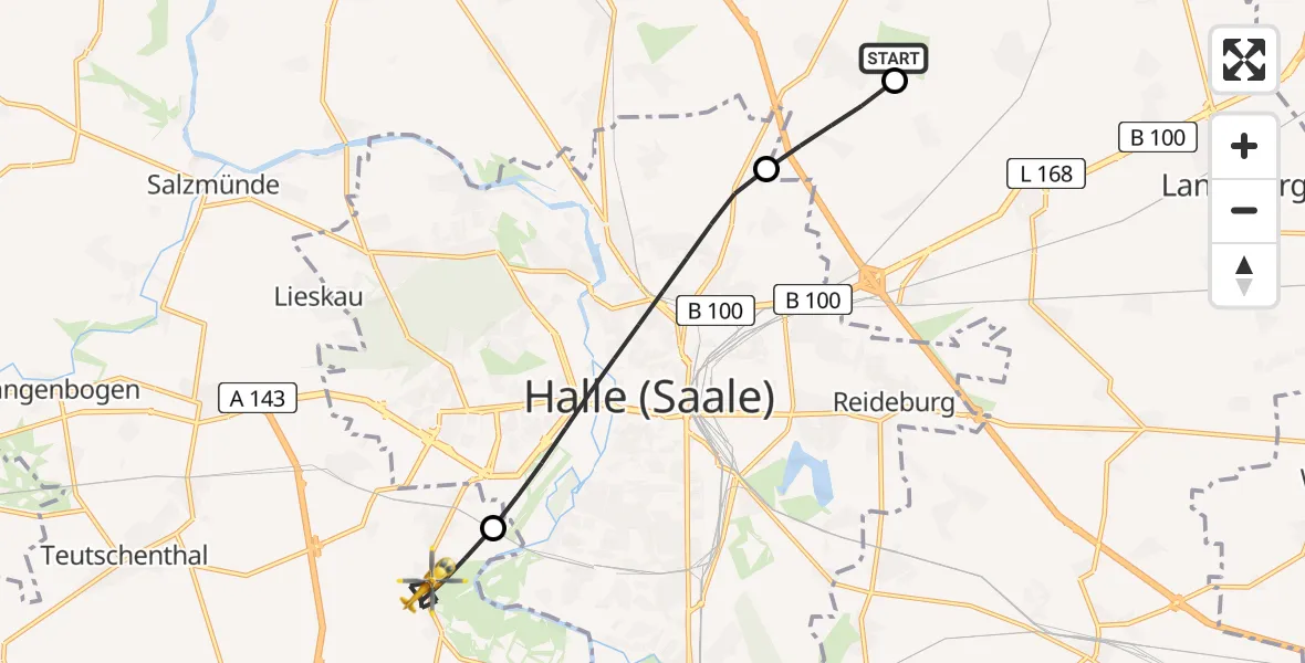 Flugroute Rettungshubschrauber Halle-Oppin Flugplatz - Teutschenthal, 30 Juni 2026, 07:37