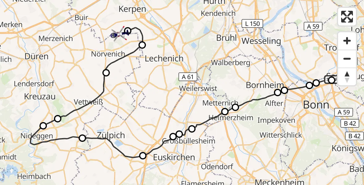 Flugroute Polizeihubschrauber Sankt Augustin - Militärflugplatz Nörvenich, 30 Juni 2026, 07:39