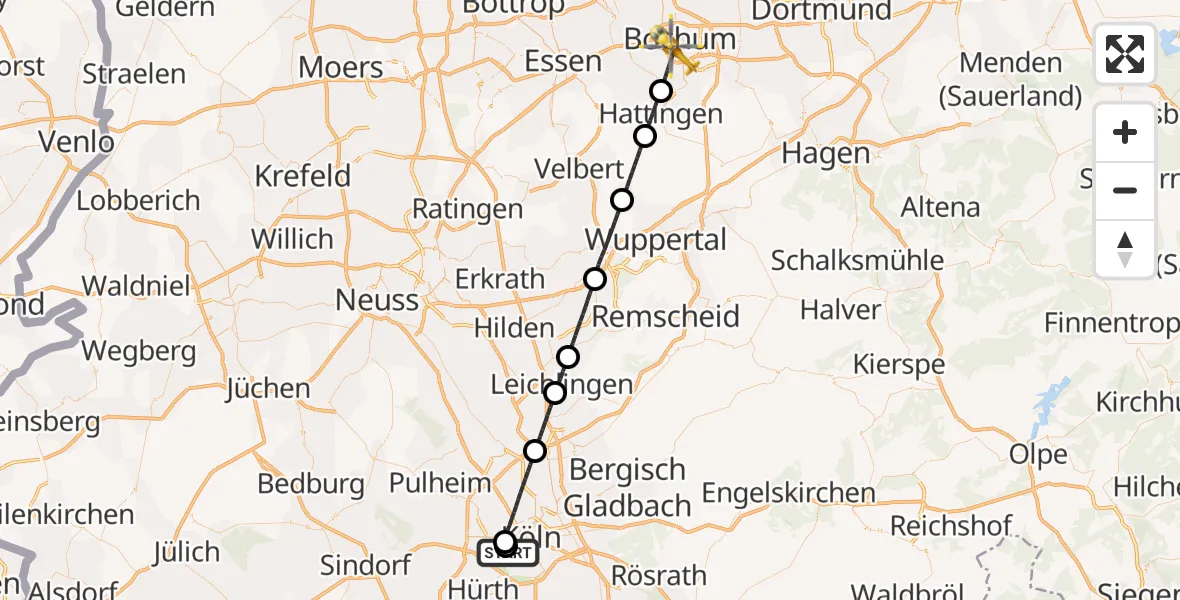 Flugroute Ambulanzhubschrauber Köln University Hospital - Bochum, 30 Juni 2026, 07:41