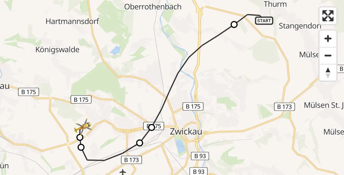 Flugroute Rettungshubschrauber Mülsen - ADAC Air Rescue Station Zwickau Hubschrauberlandeplatz, 30 Juni 2026, 07:45