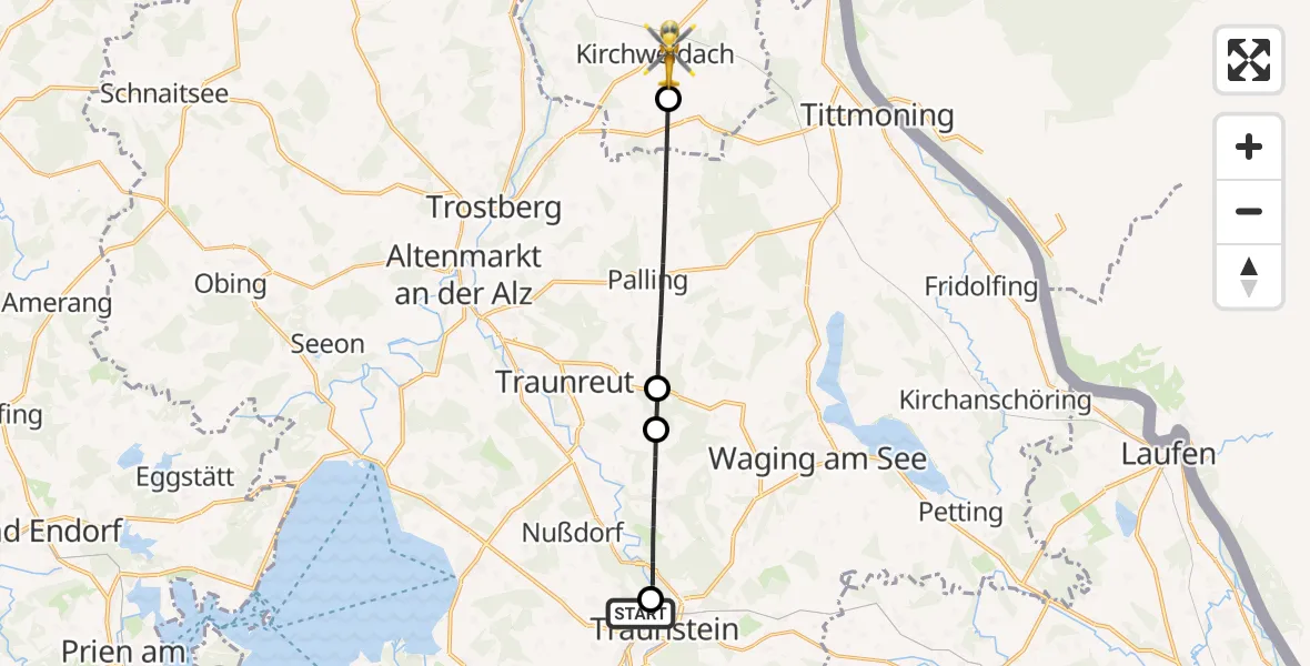 Flugroute Rettungshubschrauber Traunstein Hospital - Kirchweidach, 30 Juni 2026, 07:51