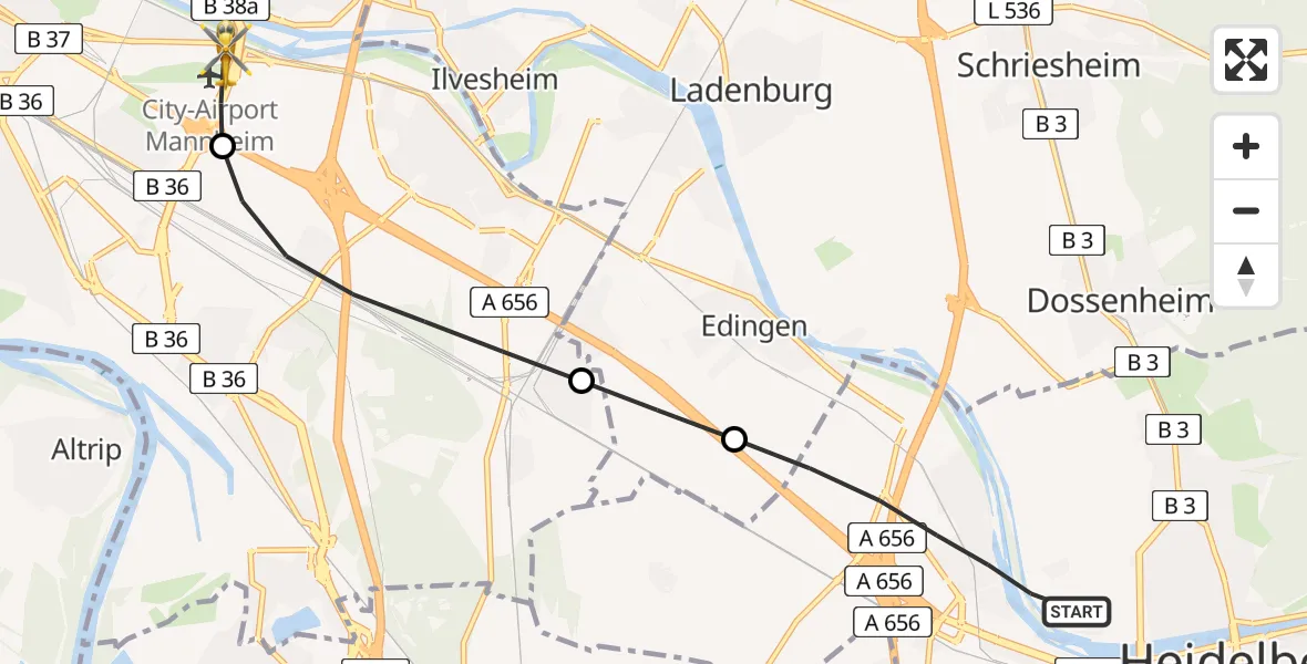 Flugroute Rettungshubschrauber Heidelberg - Mannheim-City Flughafen, 30 Juni 2026, 07:54