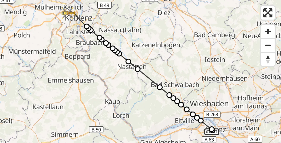 Flugroute Rettungshubschrauber Mainz University Hospital - Koblenz, 30 Juni 2026, 07:55