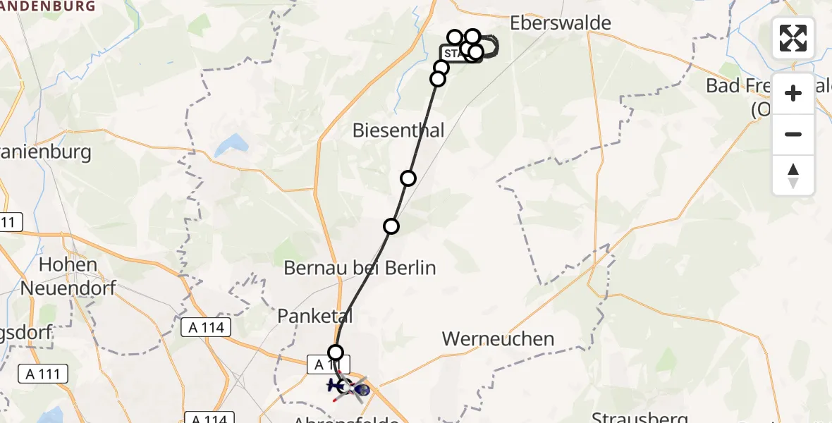 Flugroute Polizeihubschrauber Schorfheide - Ahrensfelde Hubschrauberlandeplatz, 30 Juni 2026, 07:59