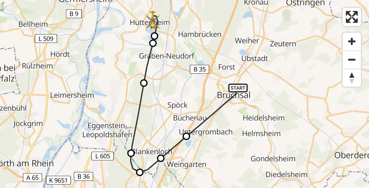 Flugroute Ambulanzhubschrauber Bruchsal - Philippsburg, 30 Juni 2026, 07:59