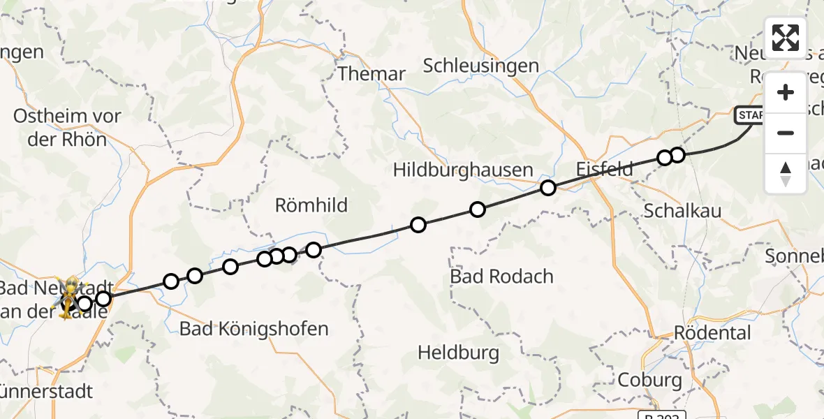 Flugroute Rettungshubschrauber Neuhaus am Rennweg - Bad Neustadt an der Saale Hospital, 30 Juni 2026, 07:59