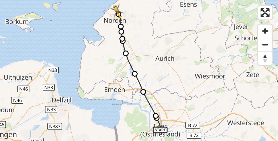 Flugroute Ambulanzhubschrauber Leer (Ostfriesland) - Norden, 30 Juni 2026, 08:01