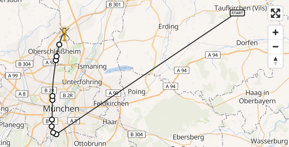 Flugroute Rettungshubschrauber Taufkirchen (Vils) - Unterschleißheim, 30 Juni 2026, 08:03