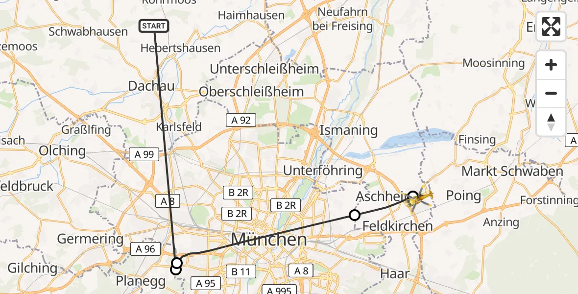 Flugroute Rettungshubschrauber Röhrmoos - Kirchheim b.München, 30 Juni 2026, 08:07