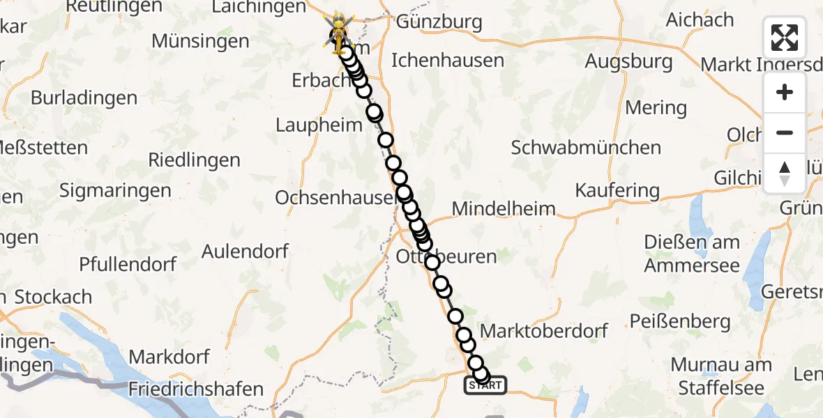 Flugroute Rettungshubschrauber Oy-Mittelberg - Ulm Military Hospital Emergency, 30 Juni 2026, 08:09